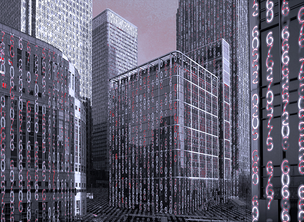 Financial district towers data matrix. Financial district skyscrapers with big data matrix running along their walls